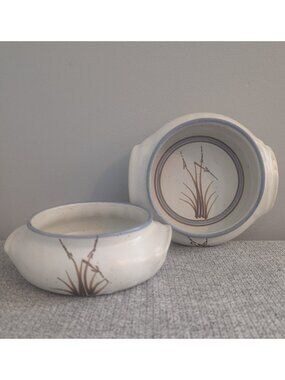 Pair of Wheat-themed Handled Pottery Soup Bowls with Blue Trim Signed "Fox," EUC